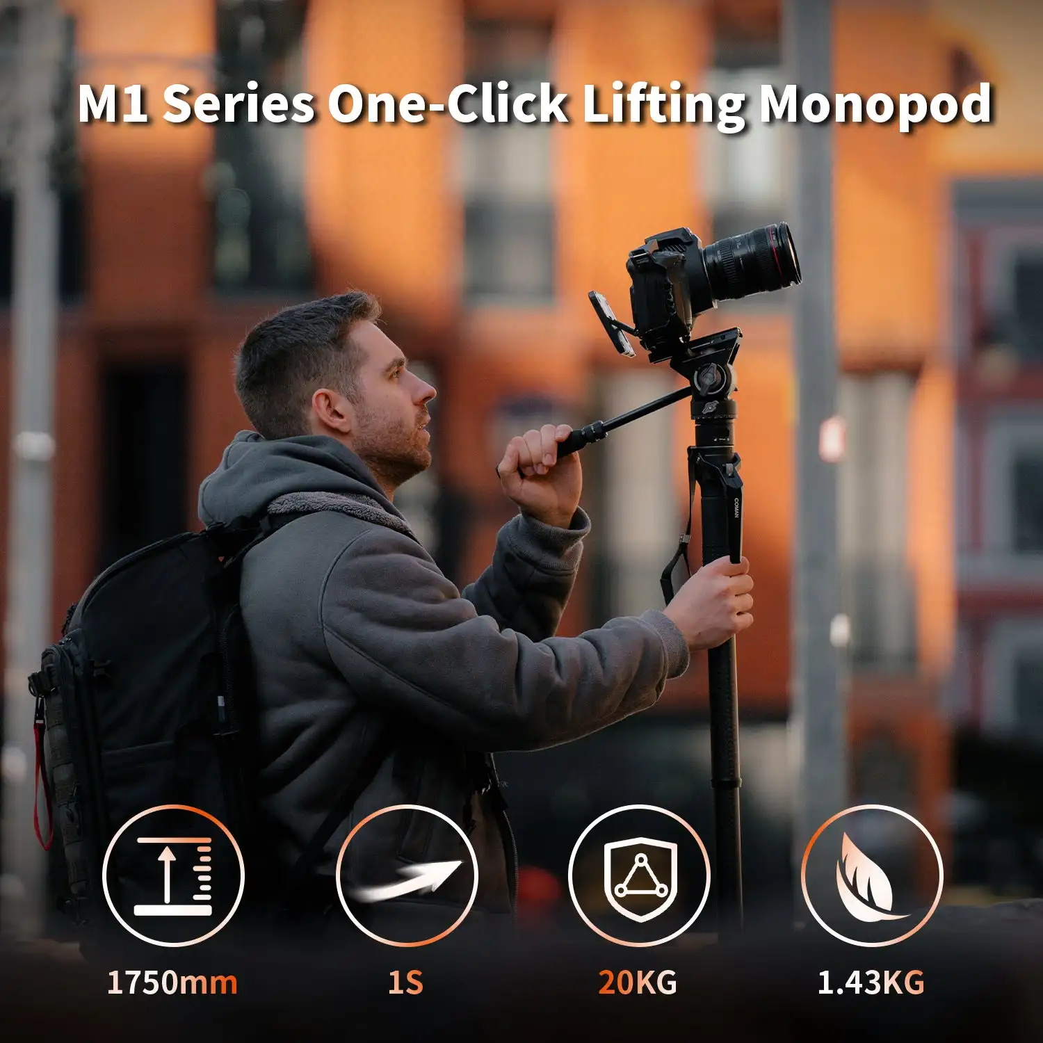 COMAN M1 Pro V5 Carbon Fiber Monopod One Click Quick Release 69in Travel Tripod for DSLR Camera Photo Video