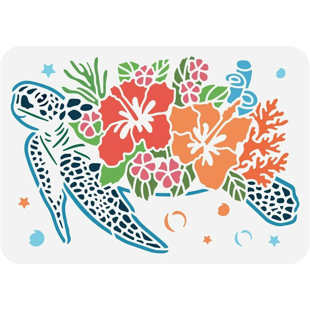 Sea Turtle Stencil, Reusable Flower Drawing Painting Templates Hibiscus Stencils for Scrapbooking, Fabric, Floor Furniture,