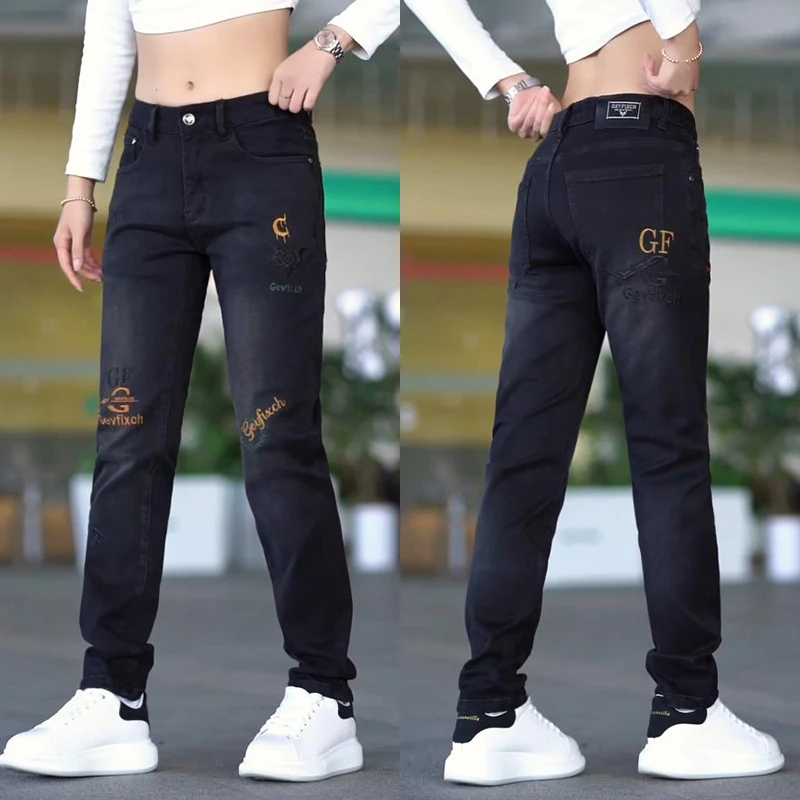 

Premium Feel Men's Faionable Embroidered Slim Fit Jeans Trendy All-Match Bla Denim Casual Wear Cotton Stretch Jeans