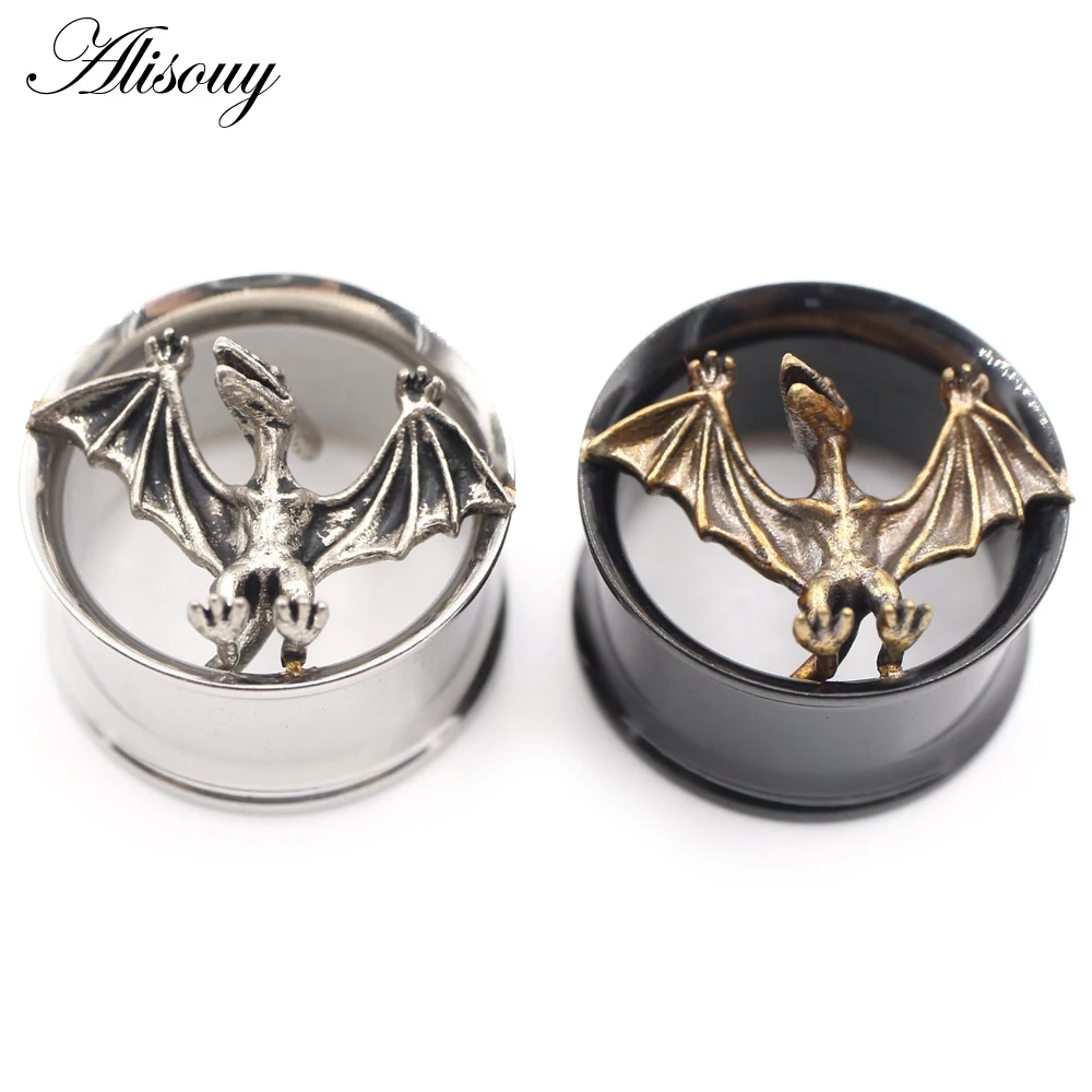 Alisouy 2PCS Stainless Steel Pterosaur Round Flared Ear Flesh Tunnels Plugs Expander Stretcher Gauges Earrings Piercing Jewelry