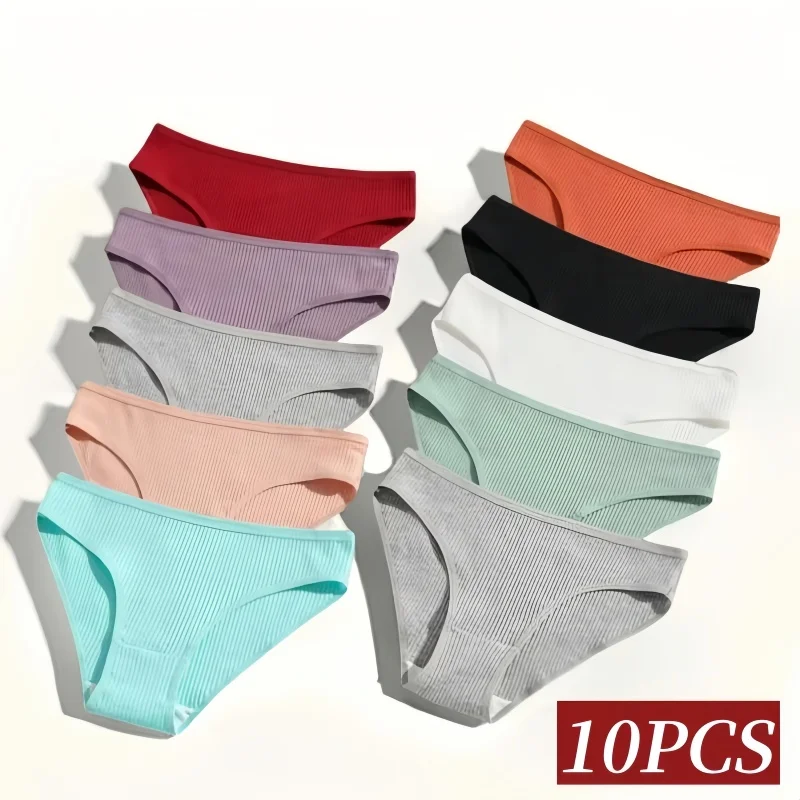10Pcs/Set Women Cotton Briefs Breathable Panties Low Waist Briefs Sports Solid Soft Skin-Friendly Underwear Daily Wear S-XXL