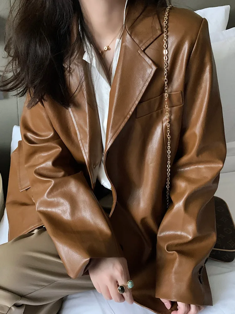 LANMREM Brown Leather Jacket For Women Mid Length Lapel Single Breasted Long Sleeves Fashion Cool Coats 2024 Autumn New 2DA8800