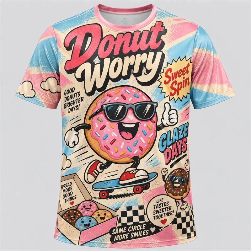 Funny Food Cartoon 3D Print T Shirt Men Women Fries Donut Boba Taco Pretzel Ice Cream Hot Dog Popcorn Cupcake Sushi Summer Tee