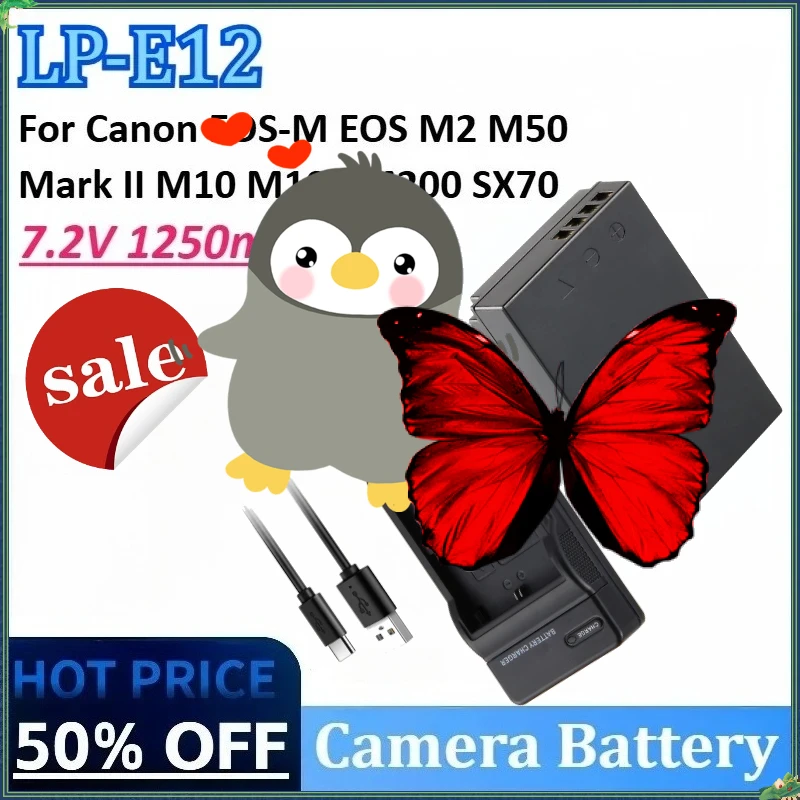 

LP-E12 LP E12 7.2V 1250mAh Camera Battery for Canon EOS-M EOS M50 M2 Mark II M100 M200 M10 SX70 HS Rebel SL1 with Type Charger