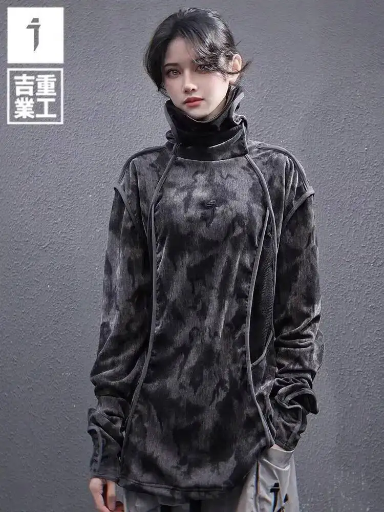 Man Women Sweatshirt 2025 Spring Unisex Long Sleeve T-shirt Loose Tie Dye Printed Finger Hole Turtleneck Basic Sweatshirt