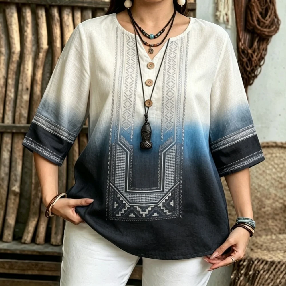 Women 3/4 Notch V Neck Blouse Gradient Tie Dye Ethnic Geometric Print Linen Texture Bohemian Casual Top