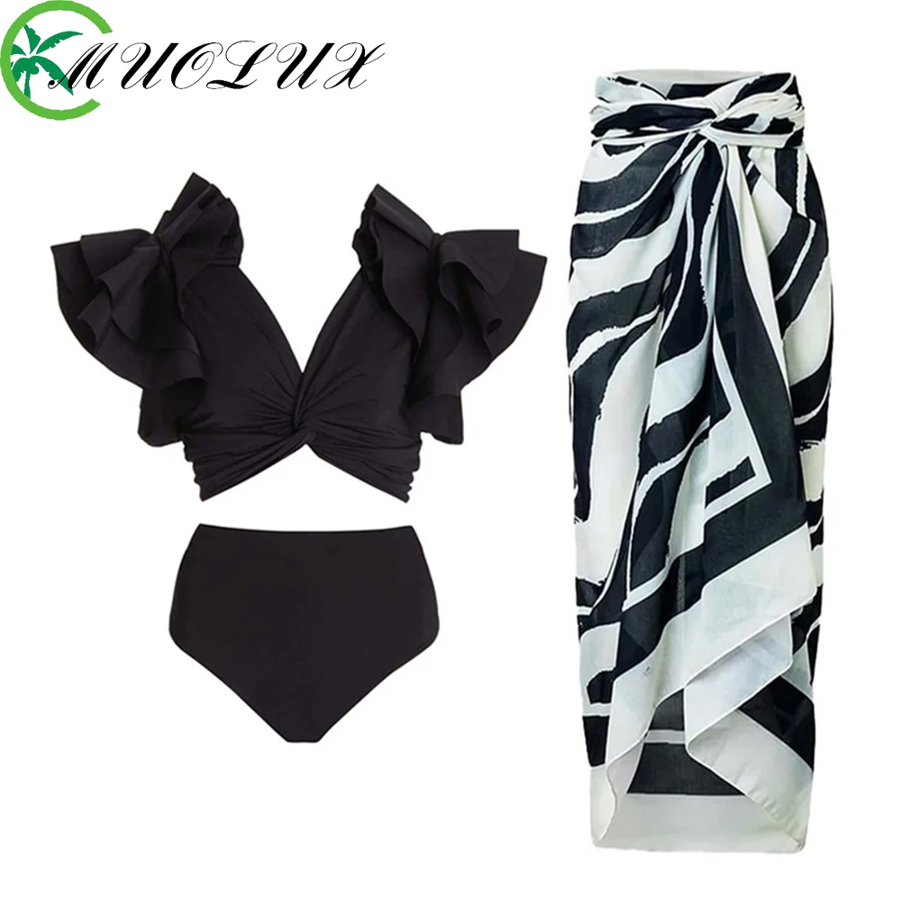 

MUOLUX 2024 Sexy Vintage Ruffle Block Color One Piece Women Bikini Cover Up Swimsuit 3D Flower Beach Dress Bathing Suit Summer