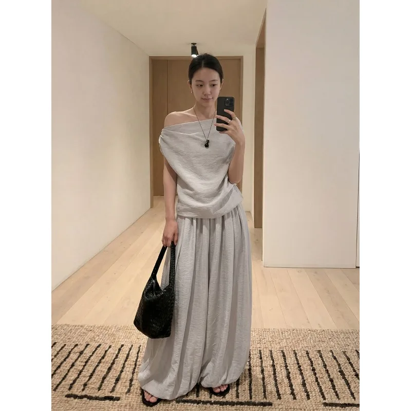Lightly Mature and Authoritative Sister Style One-Shoulder Top + Lantern Wide-Leg Pants Two-Piece Set Women Summer New Arrival