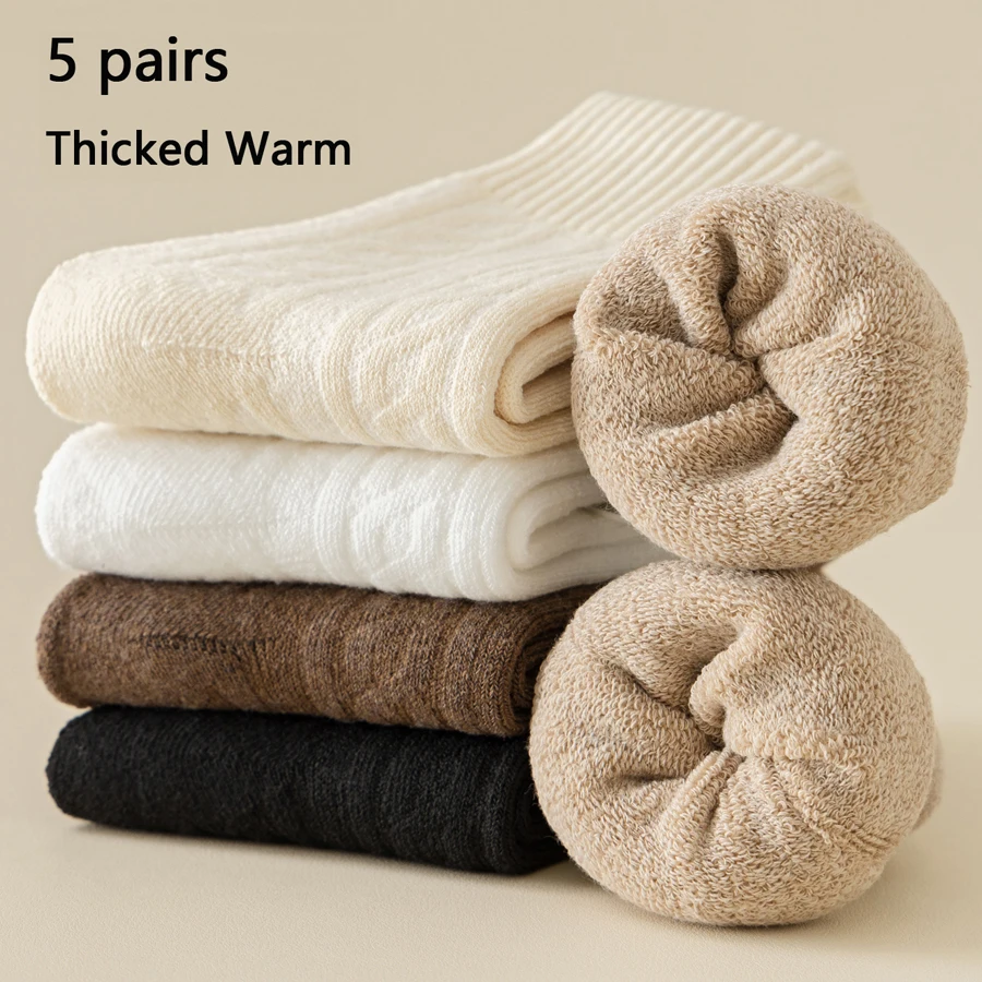 5 Pairs Women's Autumn And Winter Thick Looped Warm Socks Solid Three-dimensional Texture Mid Tube Socks Women