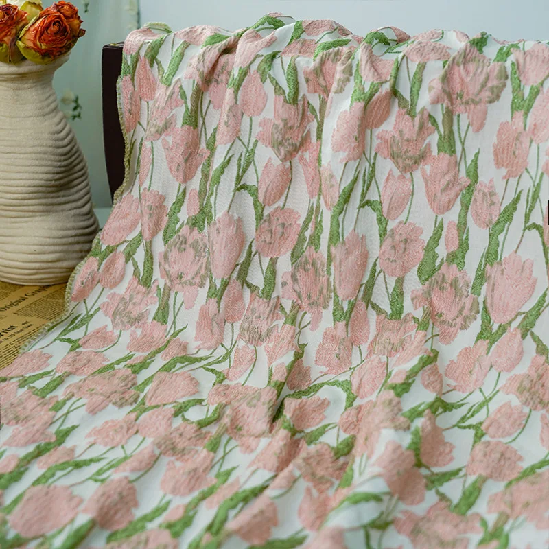 

Pink Tulip Jacquard Fabric Sweet Style Embossed Womens Dresses Tote Bag Curtain Luggage Decoration Designer Sewing DIY Fabrics