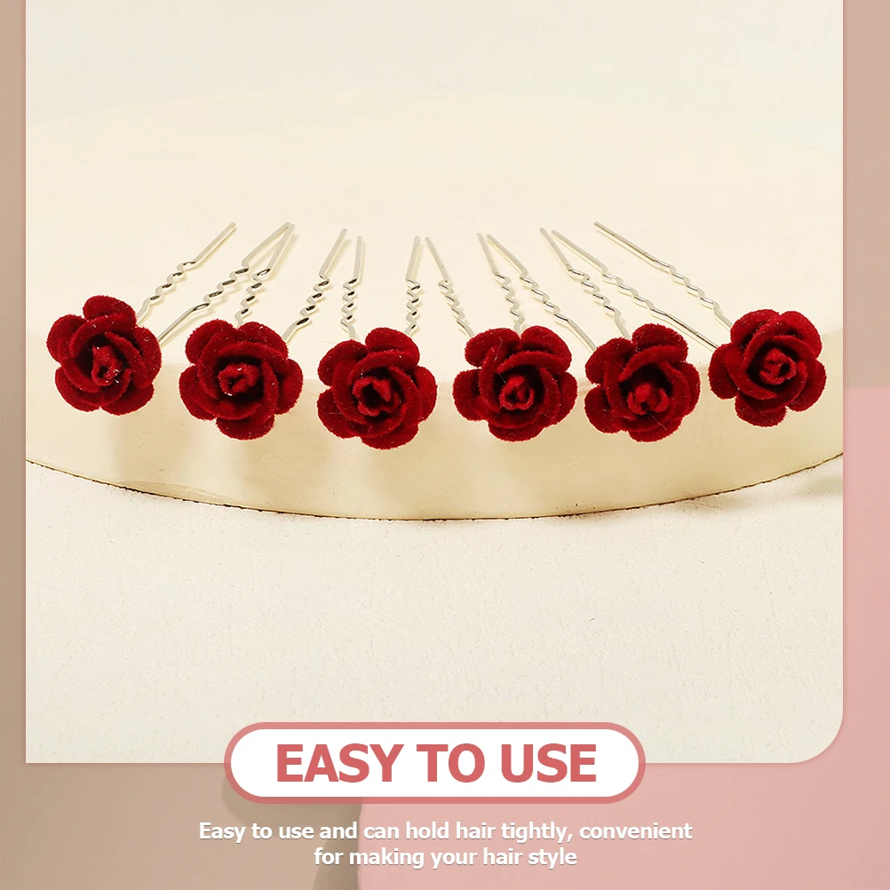 

6pcs Cloth Flower Hairpin Bun U Shaped Pins Accessory For Women Bridal Wedding Party Evening Occasions Hair Fork Pin Retro Rose