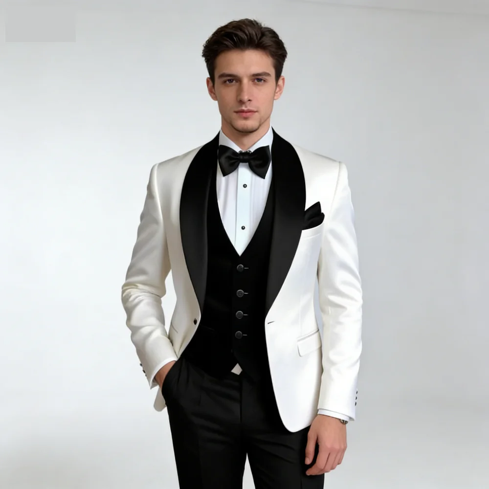 

Customized Men's 3-Piece Tuxedo with Scarf Lapel Smoking Suit Wedding Groomsmen Formal Party Blazer Terno Masculino