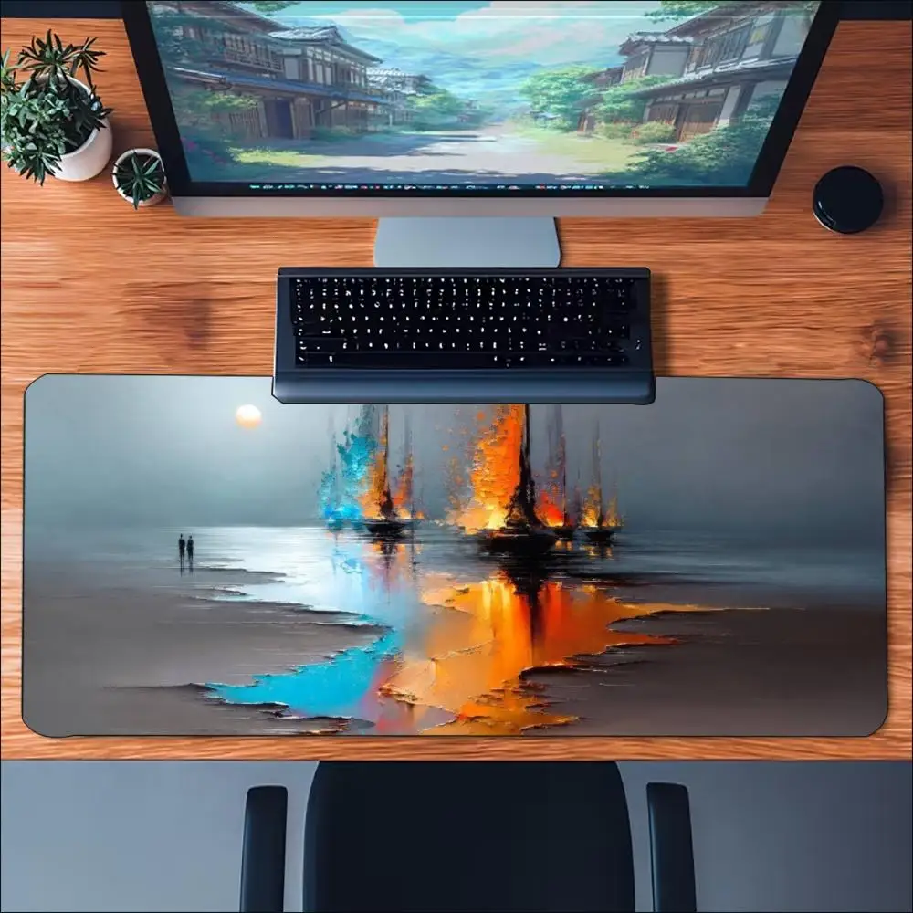 Vibrant Ocean Sunset Boat Scenery Art Large Gaming Mouse Pad Non Slip Rubber Desk Mat For Laptop Keyboard Home Office Desktop