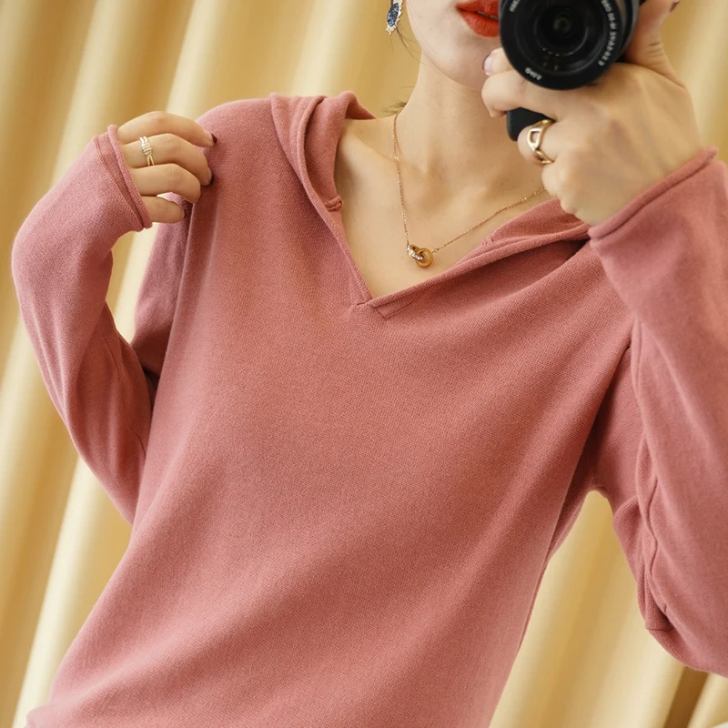 

Новинка ранней осени: Женский трикотажный свитер-худи из 100% хлопка с длинным рукавом, свободный повседневный крой, удобный для города