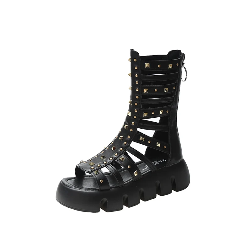 2022 Sandals Ladies Shoes Summer Suit Female Beige Women\'s Heels Med Open Toe New Studded Black Fashion Girls Boot Velvet Medium