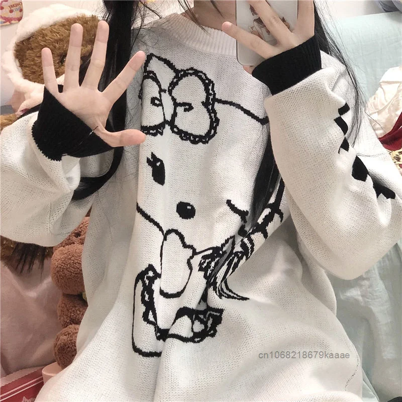 Sanrio Hello Kitty Cute Soft Y2k Girl Knitted Sweater Warm Thickened Round Neck Pullover Korean Style Trendy Versatile Sweet Top