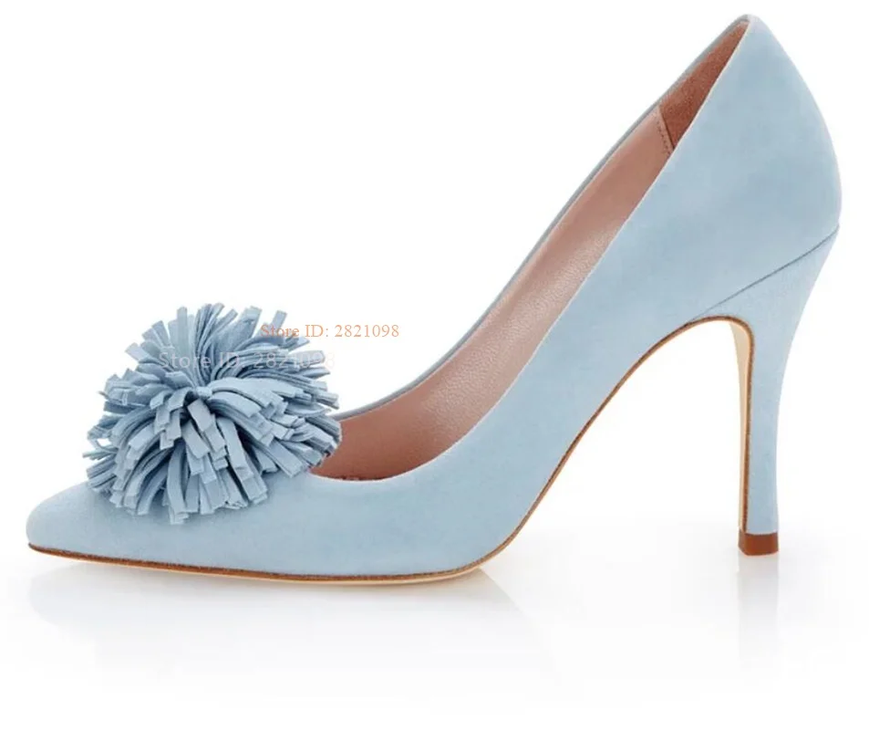 Light Blue Suede Heeled Pointed Toe Pumps Stiletto Shoes for Women Pointy Slip On Thin High Heels