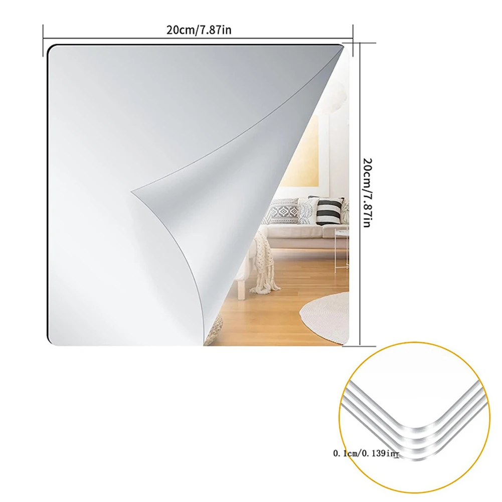 20x20 cm Acrylic Mirror Tiles Flexible Sheets with Self-Adhesive Backing Suitable for Various Decorative Purposes