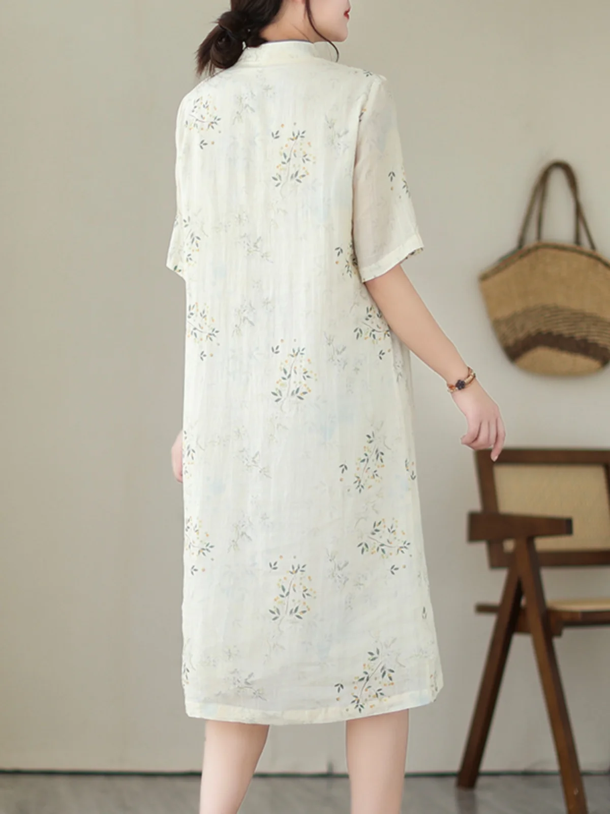 Ele dupla camada de linho algodão qipao dr estampa floral emagrecimento chinês sle comprimento médio saia linha a vintage commute