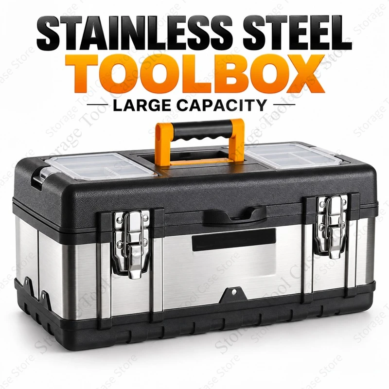 Stainless Steel Toolbox Large Metal Tool Box Portable Hardware Tool Storage Case Organizer for Household Garage Workshop Repair