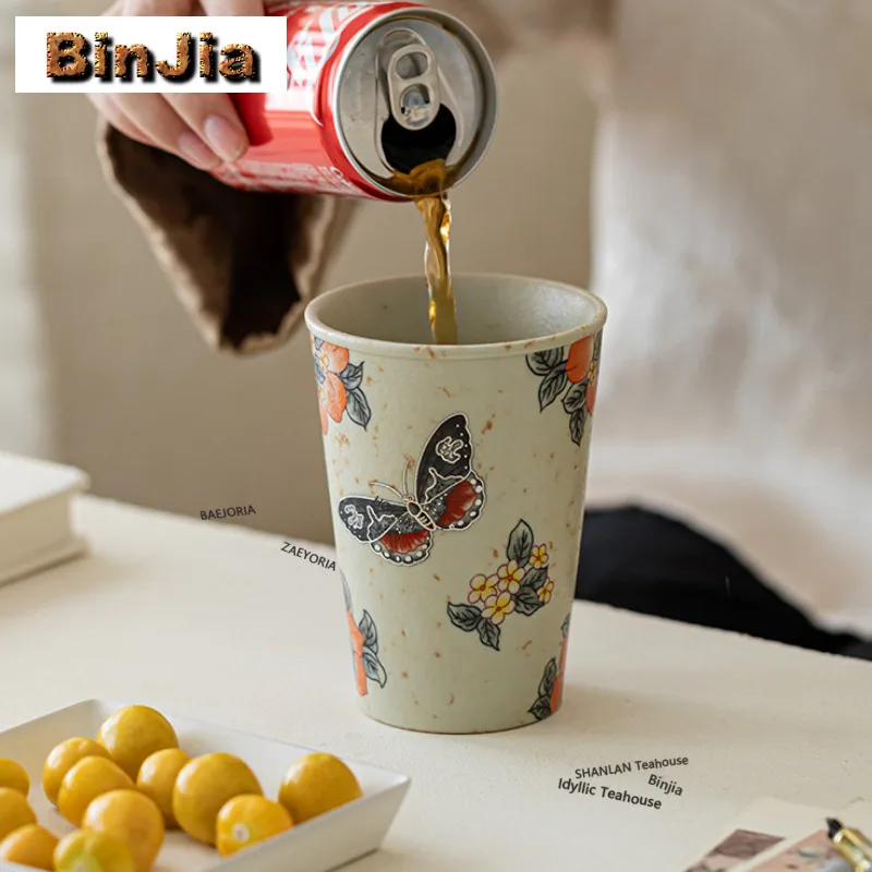 

350ml Decal Peach Butterfly Cola Mug Bubble Teacup Cold Hot Water Jug Household Hand Warmer Office Water Cup Cafes Decoration