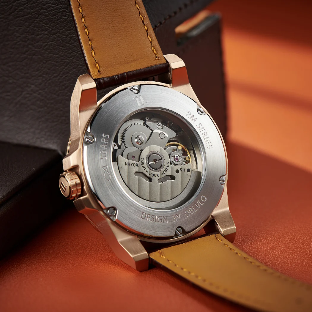 Новые Мужские автоматические механические часы-скелетоны OBLVLO для мужчин, роскошные светящиеся часы из натуральной кожи с розовым сапфиром