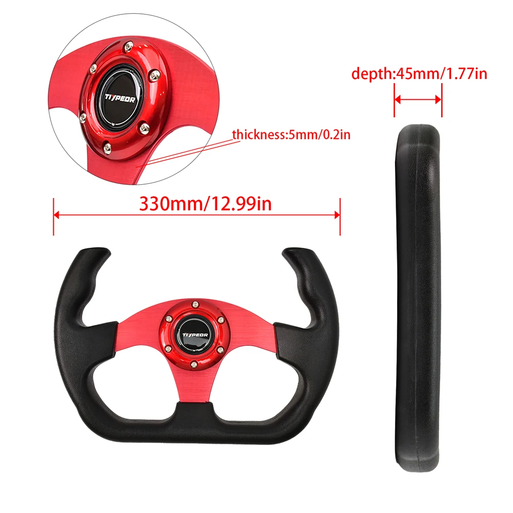 TIYPEOR 330mm Auto Racing Steering Wheel Flat Black Leather 6 Bolts Universal Sports Steering Wheel With Red Spoke