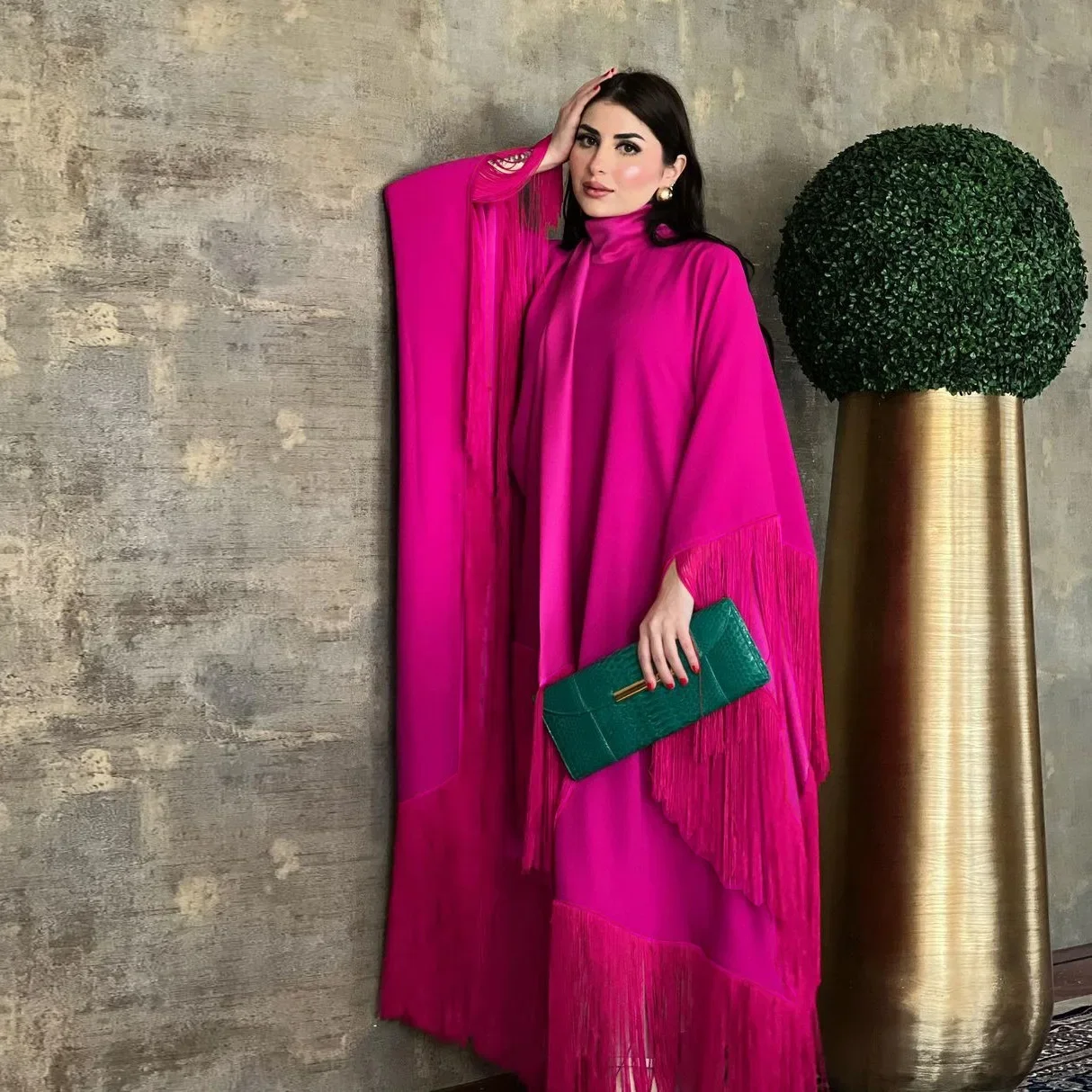 

Tassel Kaftan High Fashion Dress Women Muslim Ladies Bat Sleeve Abaya Robe Solid Color