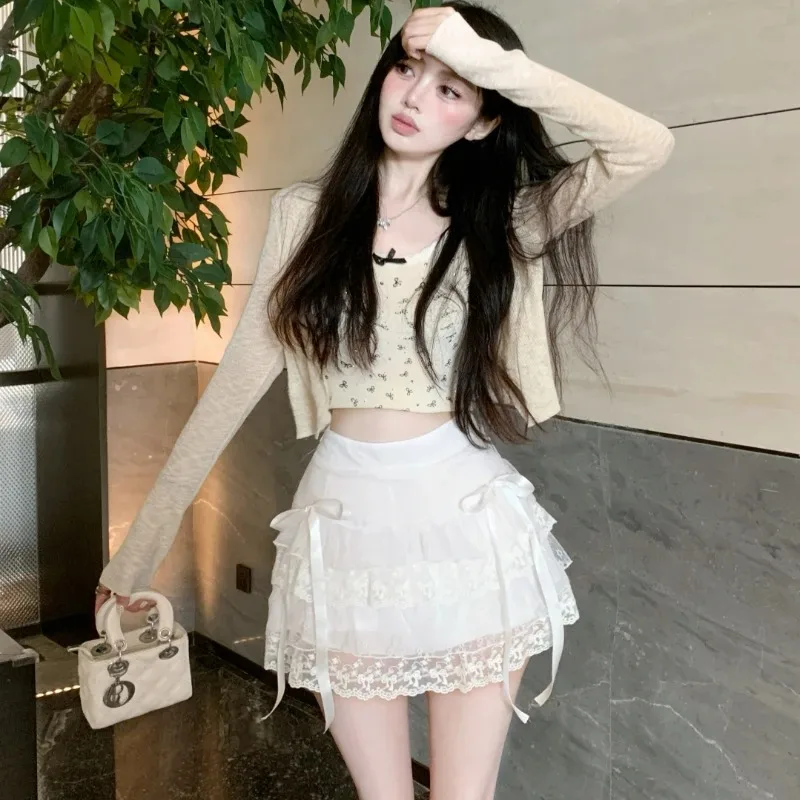 2024 Lolita Style Women minigonna a vita alta Bow Lace Fairy gonne coreano giapponese Kawaii Harajuku Y2k Sweet Faldas Mujer Moda