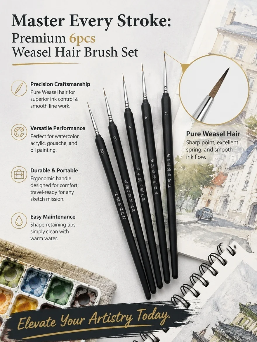 6Pcs Professional Line Drawing Pen Paintbrush Set for Acrylic Watercolor Gouache Oil Painting Portable Lightweight Art Supplies