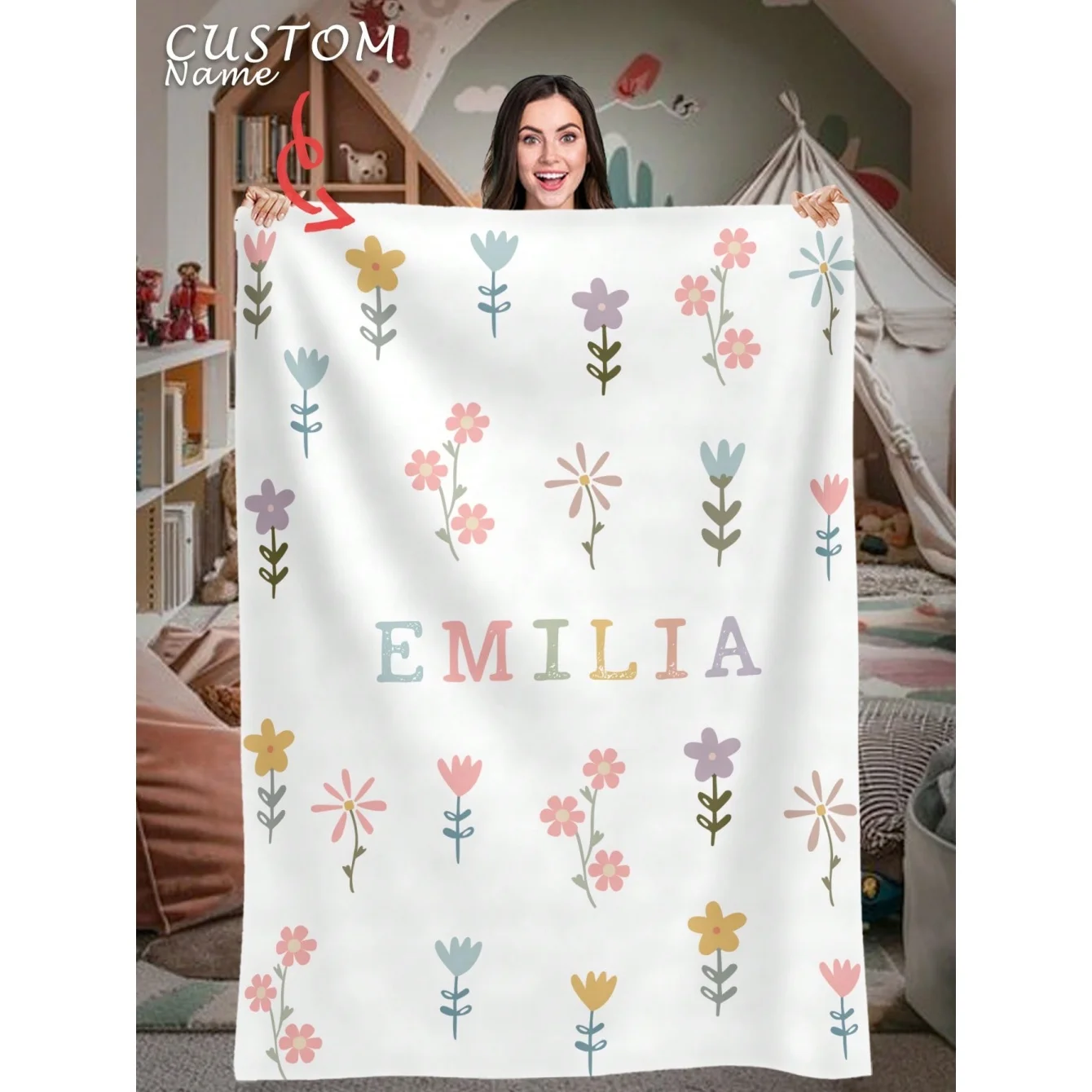 Personalisierte florale Decke mit individuellem Namen, Flanell-Bettdecke für Mädchen, Frauen, Kinder – einzigartiges Geschenk für Camping oder Zuhause