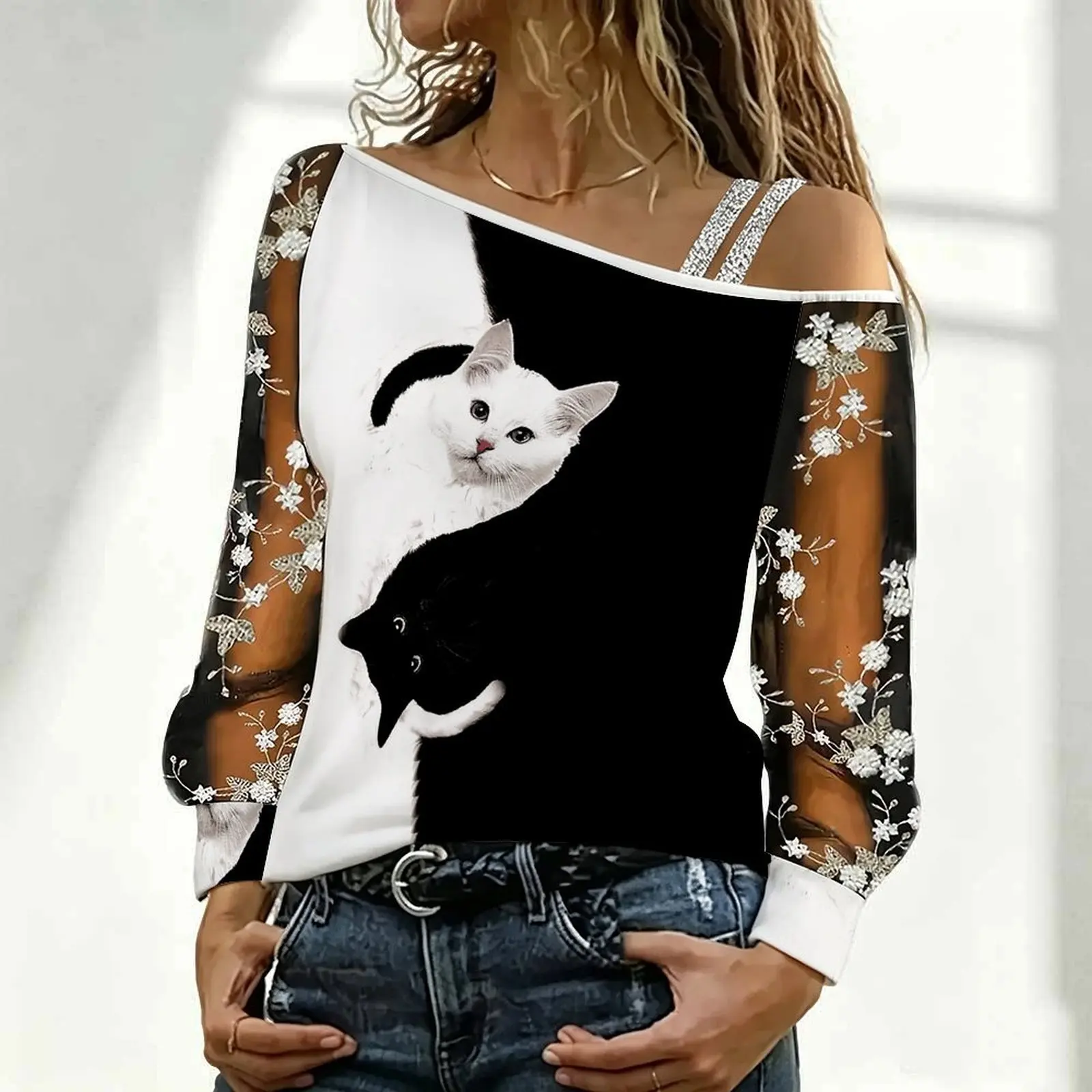 Plus Size Winter Women's Off-Shoulder Top Fashion Long Sleeve Oblique Shoulder Tee Autumn Clothes Everyday Fashion T-Shirt