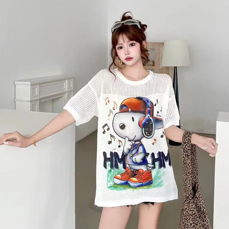 

Fashion Cartoon Printed T Shirt Women Summer Clothes Thin Casual Diamonds Hollow Out Shoulder Short Sleeve Loose Tops Tee Female