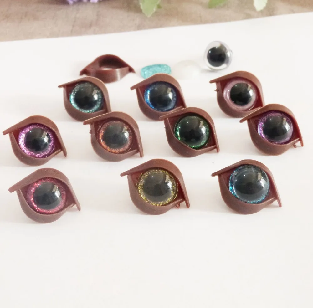 20set-- 14mm/16mm/18mm/24mm round plastic clear toy eyes + glitter Nonwovens + hard washer +brown eyelid--size option