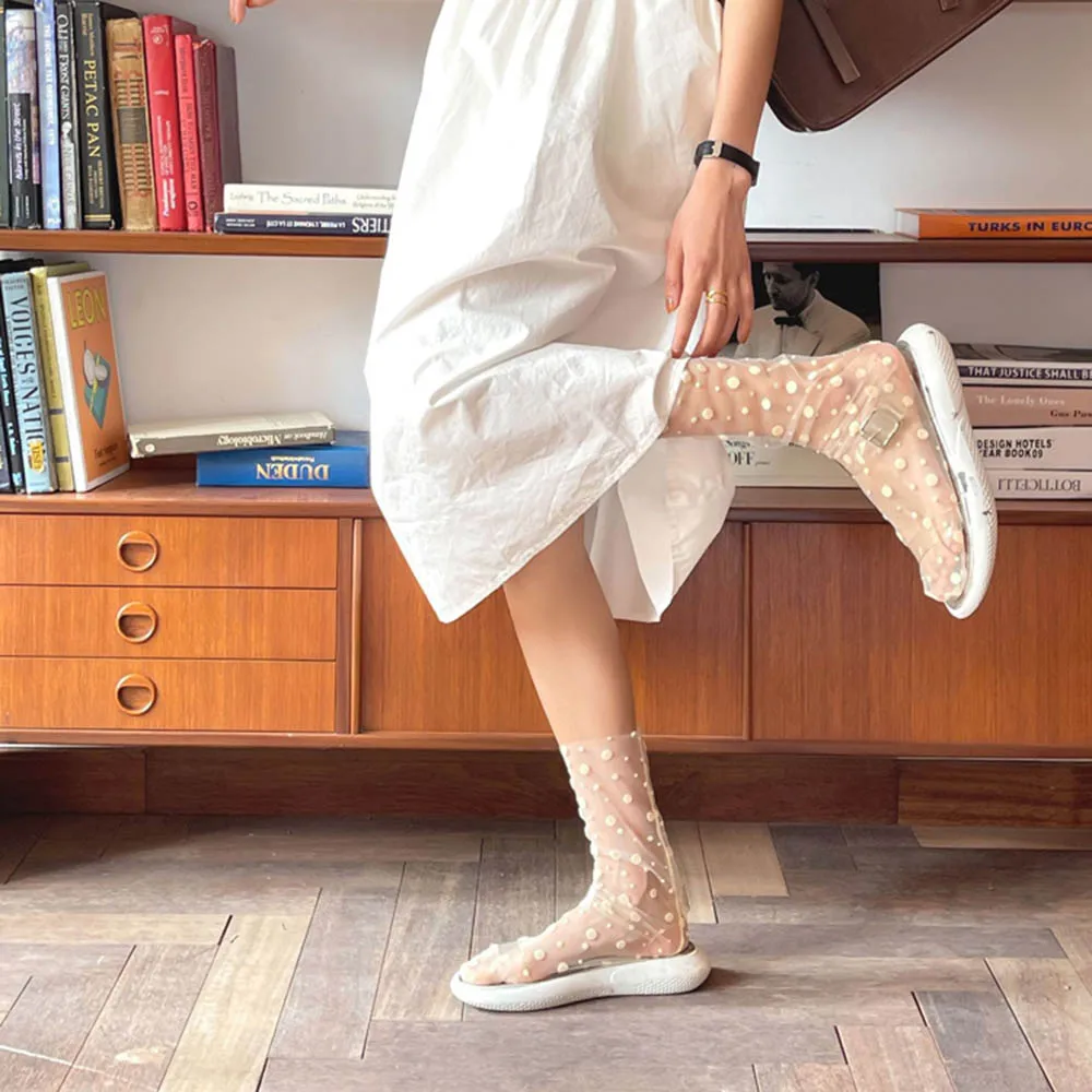 Calcetines finos de gasa para mujer, medias de tul con puntos, vestido, medias de nailon