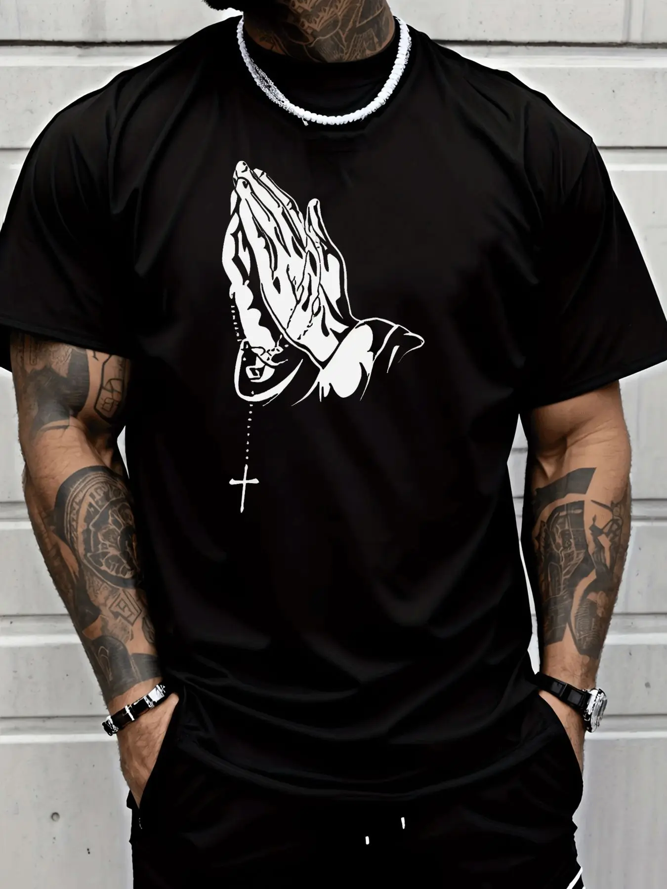 Mens Prayer Hands Rosary Cross Graphic T Shirt Religious Faith Streetwear Short Sleeve Cotton Hip Hop Casual Summer Tee For Men