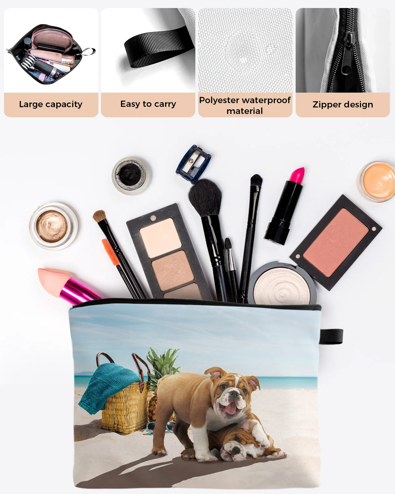 Beach Pineapple Bulldog Play Large Capacity Women Cosmetic Lipsticks Bag Pencil Case Travel Makeup Brushes Bag Organizer Bags