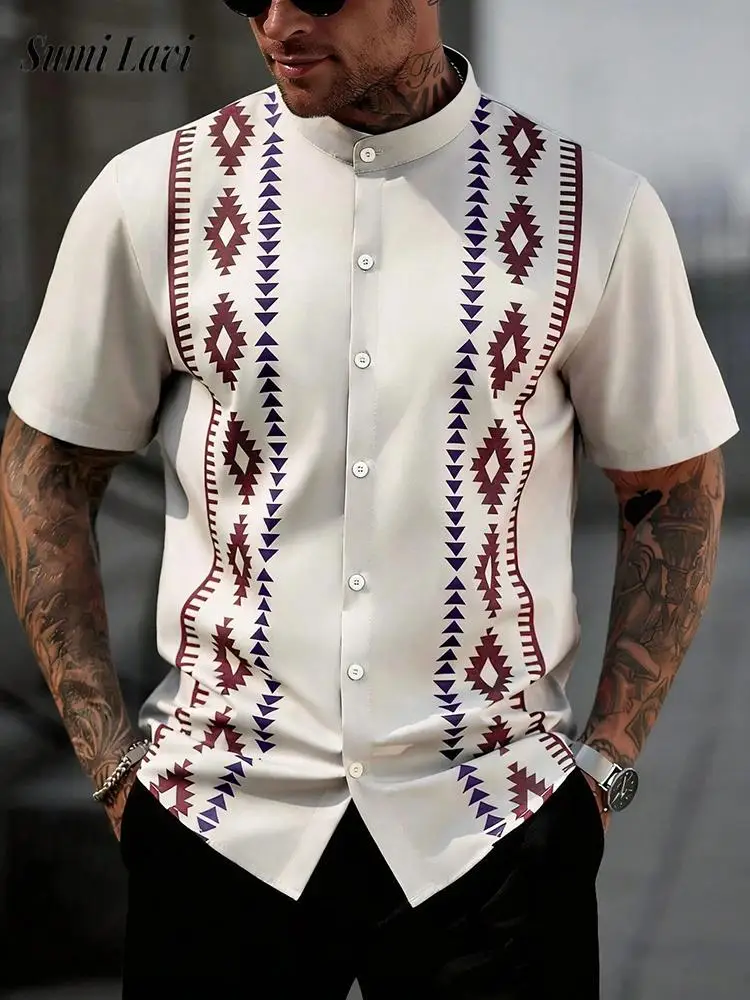 

Stylish Mens Button-up Shirt Tops Short Sleeve Stand Collar Casual Shirts Spring Summer Fashionable Geometric Printing Shirt Men