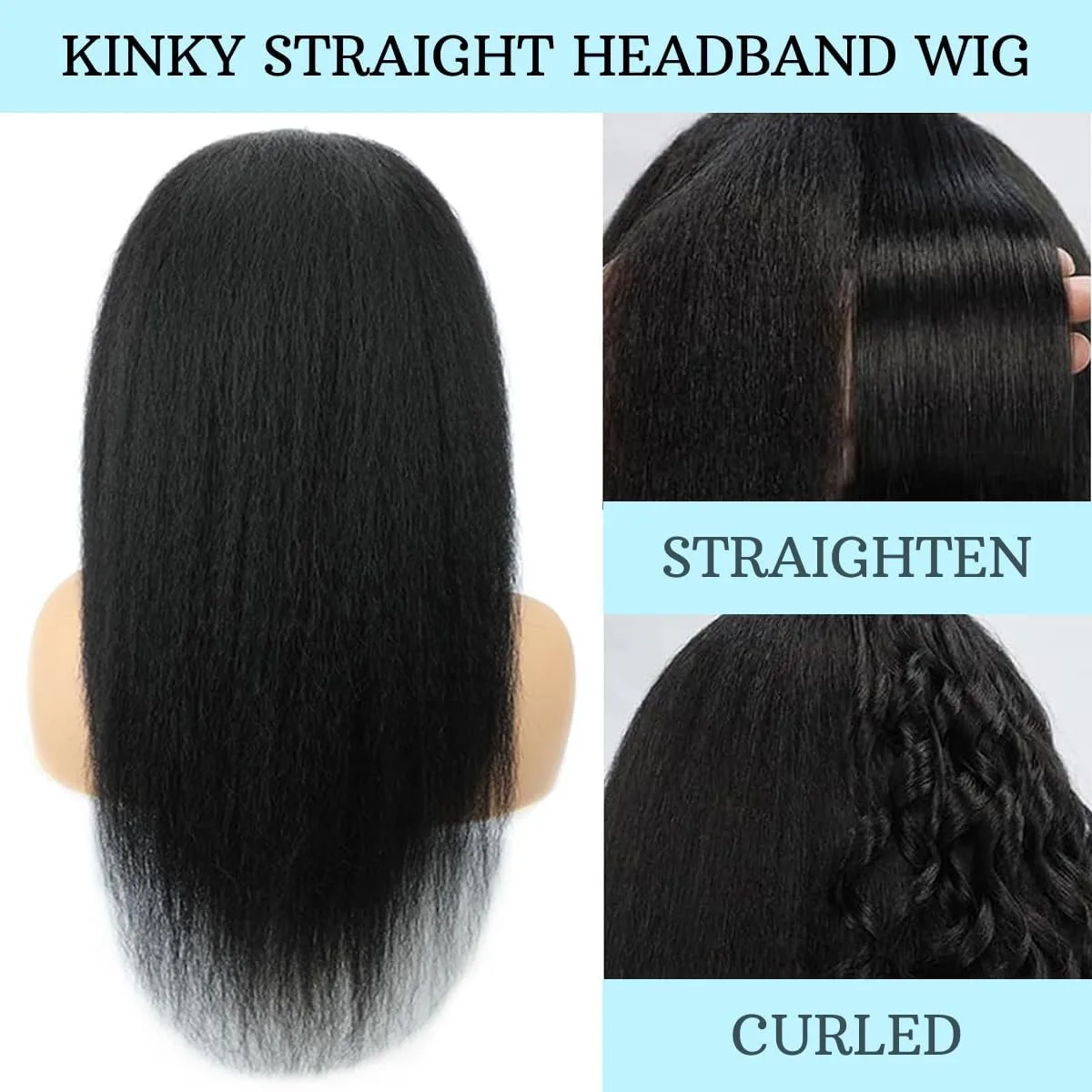 Kinky Straight Headband Wig, Soft & Natural as Human Hair, Glueless Headband Wigs for Black Women, Long Black Italian Yaki Synth