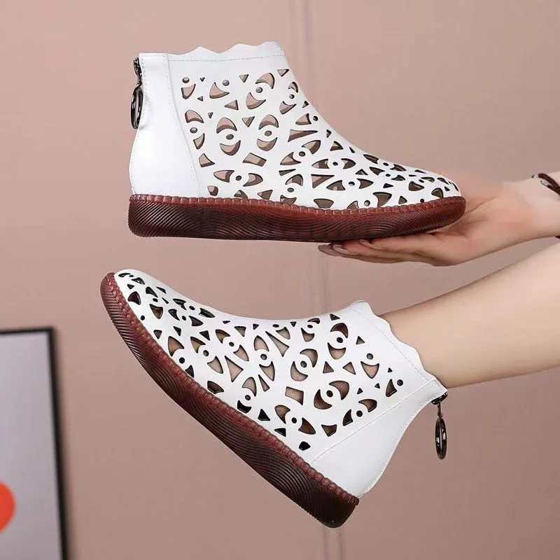 2023 Spring Summer Genuine Leather Sandals Women\'s Breathable Hole Boots Flat Soft Non-slip Comfortable Shoes Sandalias De Mujer