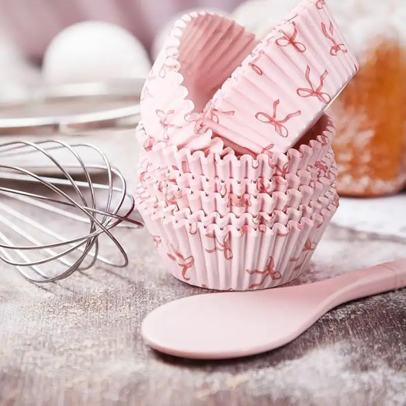 100 Uds Mini revestimientos de papel para pastel con lazo rosa para hornear muffins pastel chocolate fundas para magdalenas taza bandeja de fiesta molde para pastel herramienta de decoración