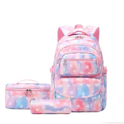 Conjunto de mochila escolar de três peças, lancheira fofa para meninas e meninos, mochila multifuncional, mochila impermeável impressa primária