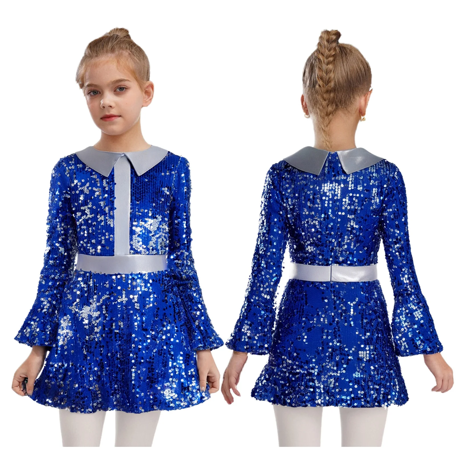 

Kids Girls Disco Dance Hip Hop Costume Shiny Sequins Long Sleeve Flared Cuffs Ruffled Leotard Dress Halloween Cosplay Dress Up