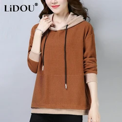 2023 Spring Autumn New Hooded Long Sleeve Drawstring Sweater Women Fashion Contrast Color Loose Casual All-match Pullovers