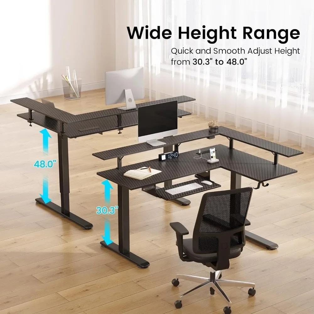 L Shaped Standing Desk with LED Light and Power Outlet Dual Motor Height Adjustable Electric Standing Desk with Monitor Stand