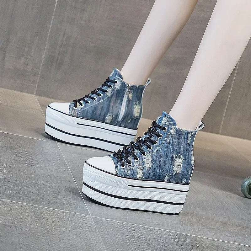 Hot sales 11CM Denim Genuine Leather Women 2024 Fashion Spring Ankle Boots Platform Wedge Autumn High Brand Hidden Heels Shoes