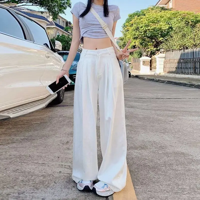 Vaqueros blancos plisados de pierna ancha para mujer, novedad invierno 2025, diseño texturizado de tiro alto y holgado, pantalones rectos hasta el suelo.