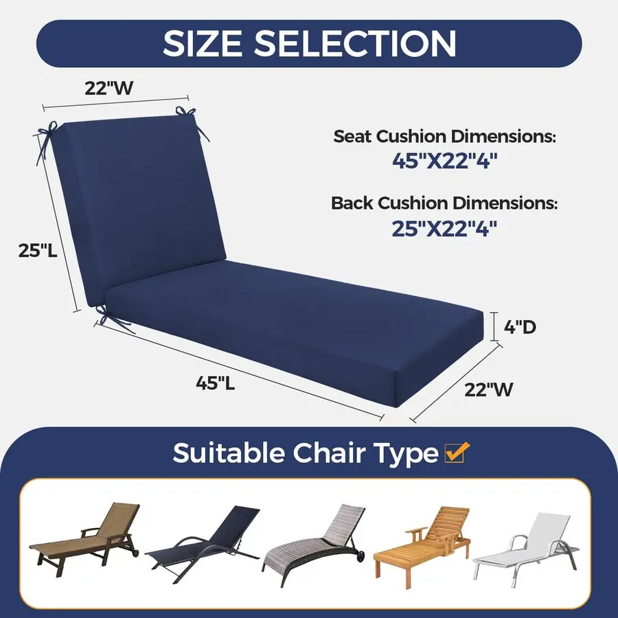 

Chaise Lounge Cushion Waterproof amp Fade Resistant Patio Lounger Cushions with Removable Cover for Pool, Deck, Lawn .70 x 22 x