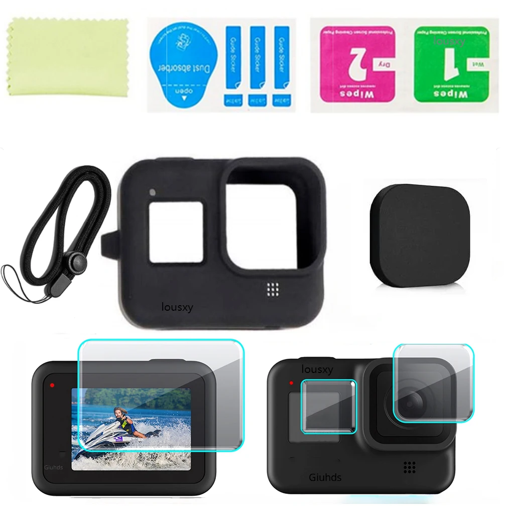 Protective Silicone Case for GoPro Hero 8 Black Tempered Glass Screen Protector Film Lens Cap Cover for Go Pro 8 cases Accessory