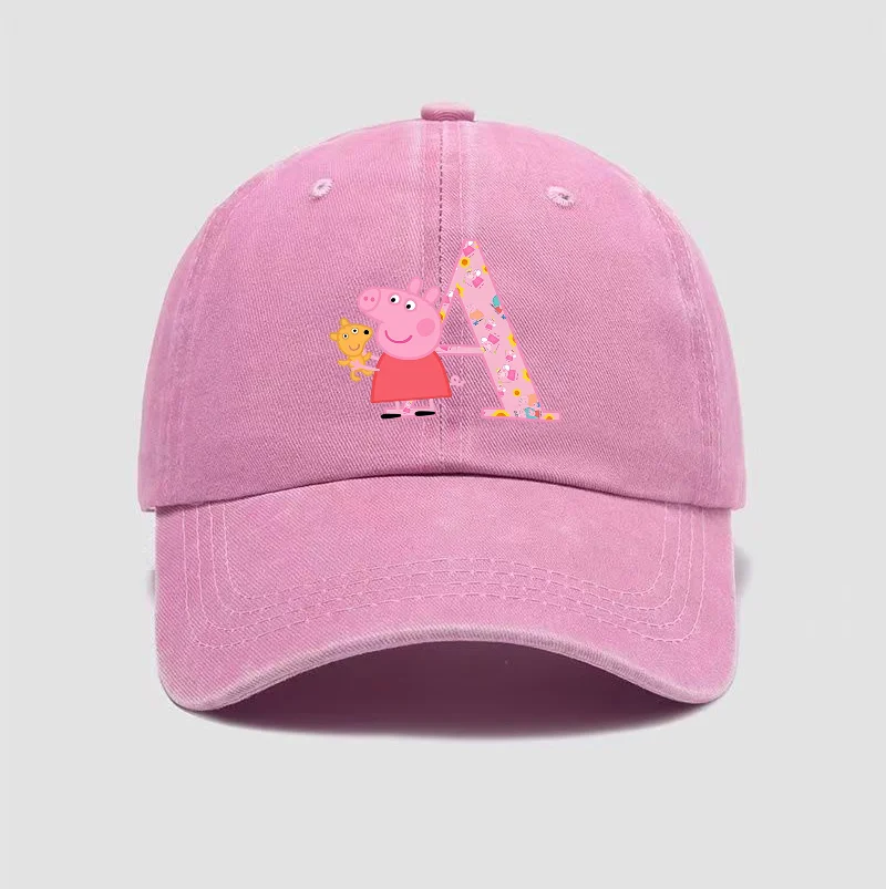 Gorra de Peppa Pig con Efecto Desgastado, Gorro de Moda con Diseño de Personajes de Dibujos Animados Kawaii, Gorro Transpirable de Algodón con Letras de la A a la Z, Regalo